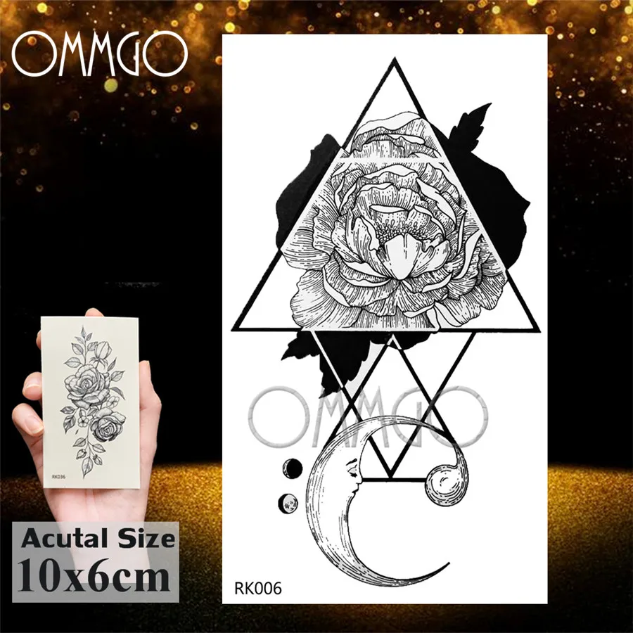 Black Realistic Geometric Rose Flower Triangle Temporary Tattoos Sticker Moon Tattoo Body Art Plum Blossom Fake Tatoos Jewel