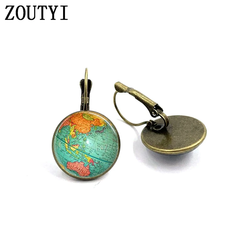 New/glamour fashion world globe pattern photos, convex glass inlay earrings, feminine decoration.