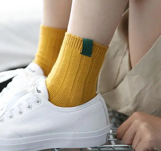 Newly Design Solid Color Socks Striped Pattern Women Cotton Knitted Sock Winter Patch Cloth Socks