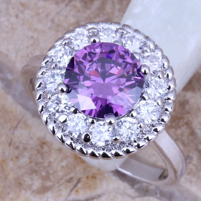 Good-Looking Purple Cubic Zirconia White CZ Silver Plated  Fashion Ring Size 6 / 7 / 8 / 9 R0237