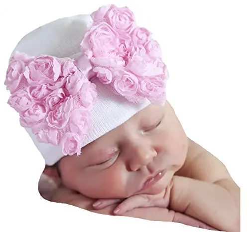 Newborn Infant Baby knitted Stretchy Cotton Beanie Hat With Shaby Rose Big Bow