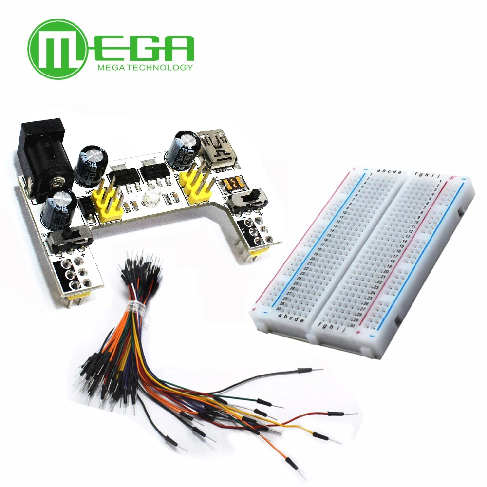 MB102 Breadboard Micro Usb Power Supply Module + 400 Tie Points Holes Universal Solderless PCB Breadboard + 65pcs Jumper Wires