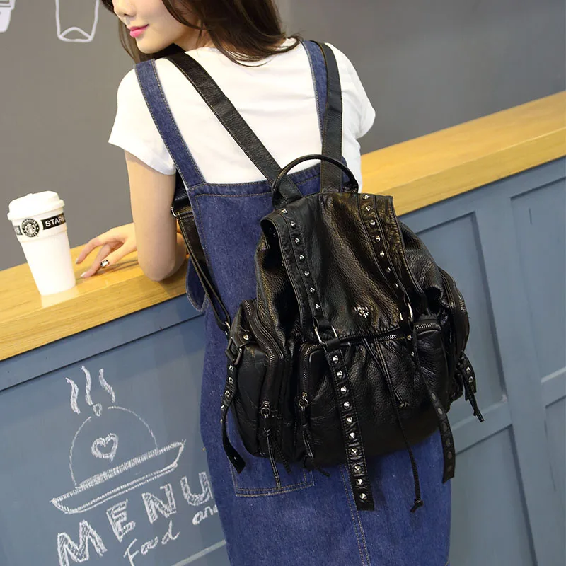 Summer Washed PU Leather Backpack Fashion Female Big Rivet Backpack Teenager Girls Travel Women Backpacks School Bags B-003