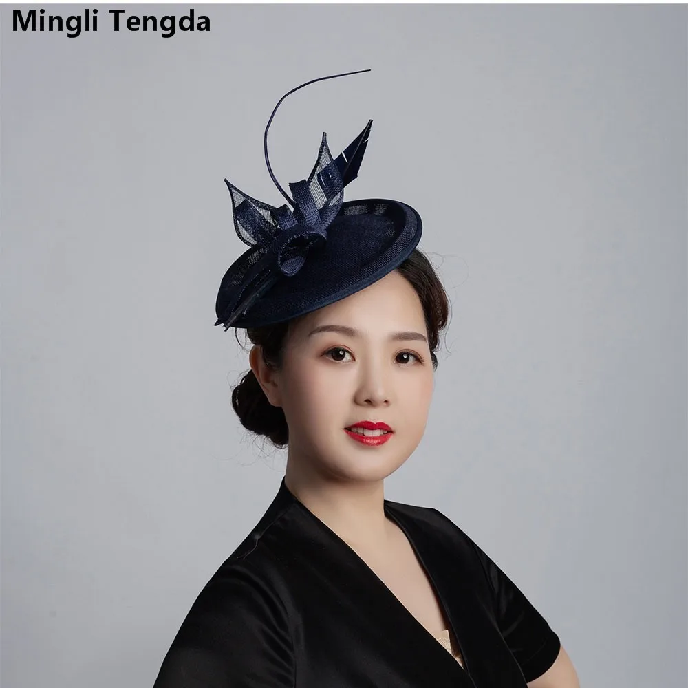 Mingli Tengda-Sombrero elegante para mujer, gorros de boda, tocado de plumas nupciales de lino, color azul real, 6 colores