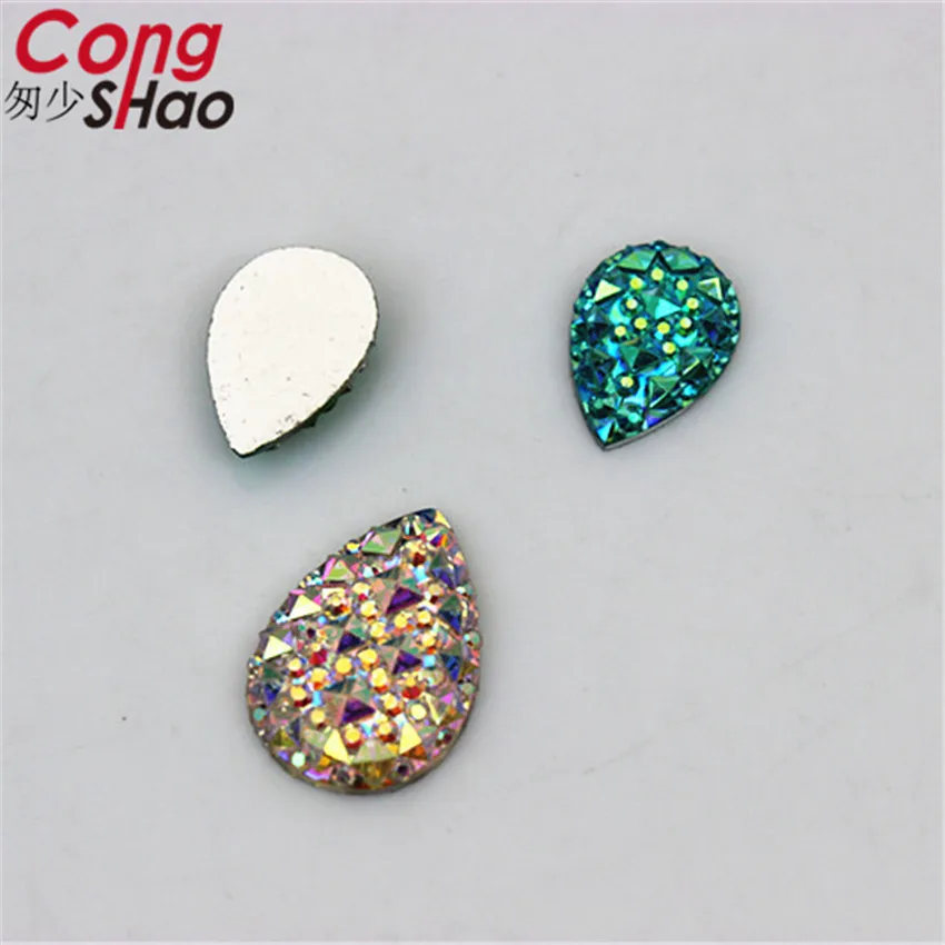 Cong Shao 100pcs 10*14/13*18mm AB Color Drop Stone And Crystals Flatback Resin Rhinestone Trim Wedding Dress Button Crafts YB31