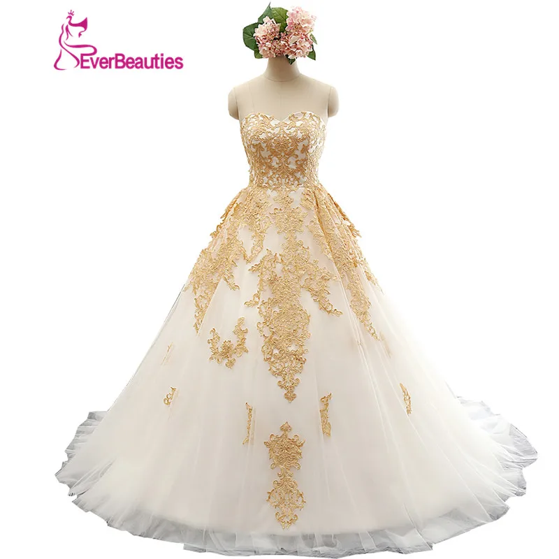 Brautkleid Ballkleid Reale Abbildungen Gold Appliques Liebsten Lace Sexy Hochzeitskleid 2018 Robe De Mariage