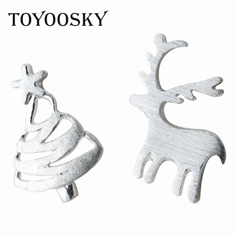 New Asymmetry Jewelry Gift 925 Sterling Silver Elk Deer Christmas Tree Gift Stud Earrings For Women Girls Kids Contracted Fashio