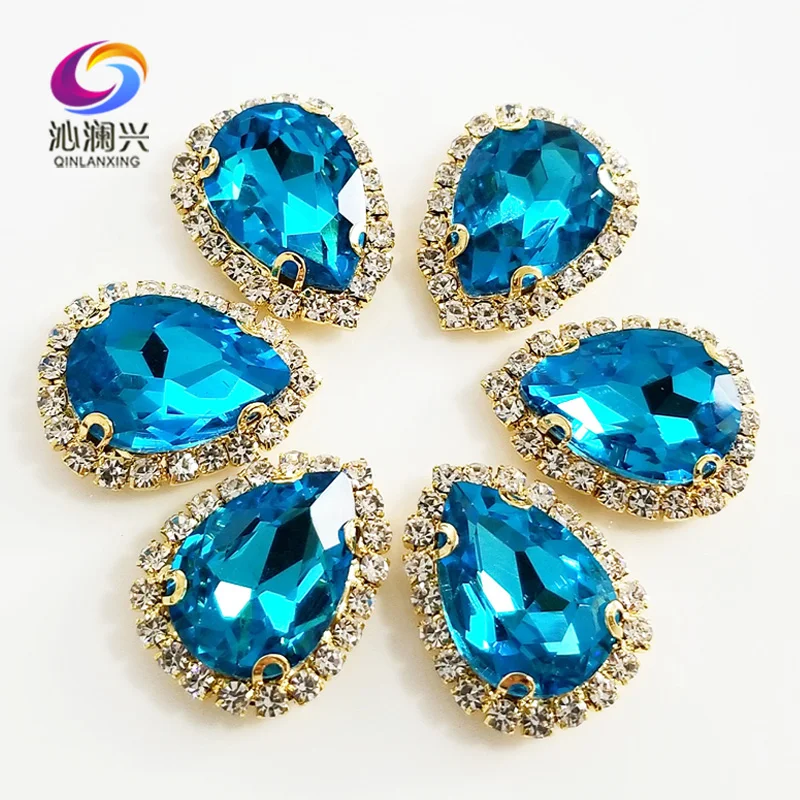 

Lake blue Golden bottom Top grade Glass Crystal buckle,Drop shape sew on rhinestones,Diy wedding decoration 10pcs/pack SWSK23