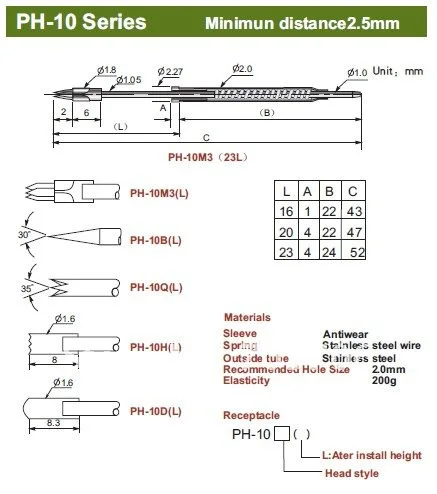 FREE SHIPPING 100PCS/LOT PH-10M3 (16L) Dia 2.0mm 43MM Spring test probe pogo pin