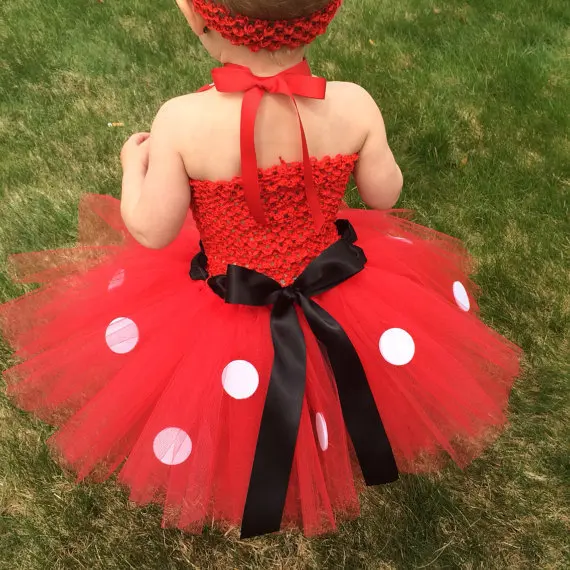 Girls Pink Mickey Cartoon Tutu Dress Baby Crochet Tulle Dress with White Dots and Headband Kids Party Cosplay Dress Ballet Tutus