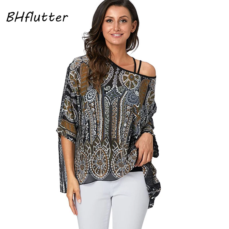 Blusa Bhflutter-chiffon com estampa floral para as mulheres, blusa sexy, off-the-ombro, túnica, plus size 4xl, 5xl, 6xl, 2019