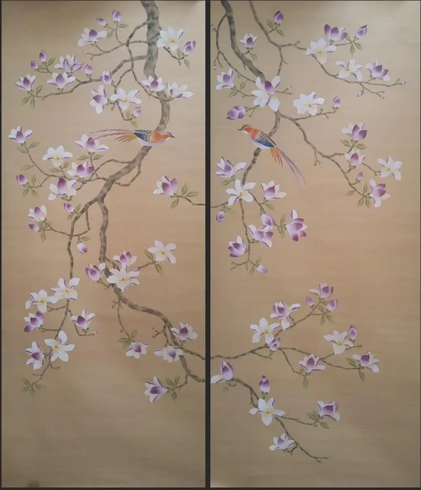 

Unique luxurious and elegant Hand-painted silk wallpaper HAND PAINTED painting Magnolia flower wallcovering many pictures option