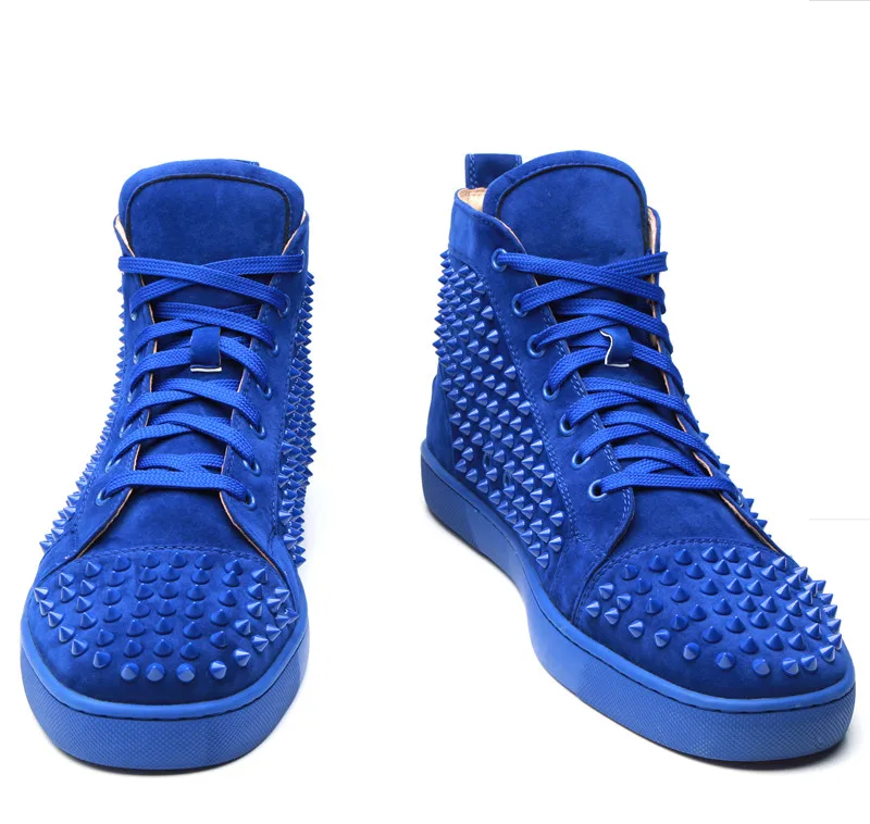 Runway Suede Men Shoes Rivets Sneakers high top Spike Casual Ankle Lace-up Flat Men Camping Shoes Customized Color