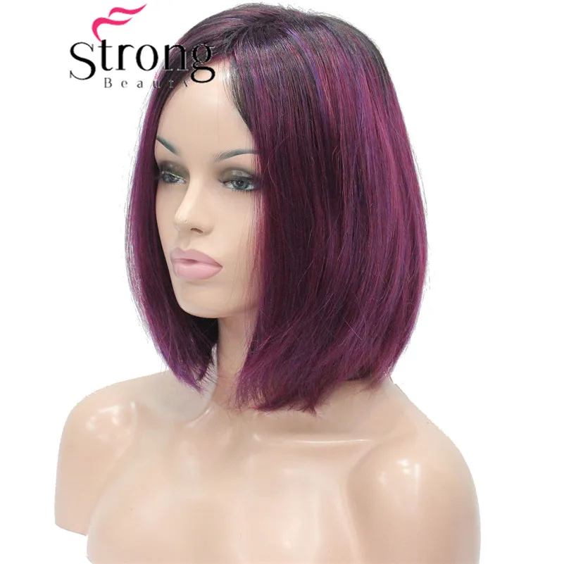 StrongBeauty Angled Bob Wig Ombre Deep Purple Dark Root Midnight Berry Synthetic Fiber Short Wigs