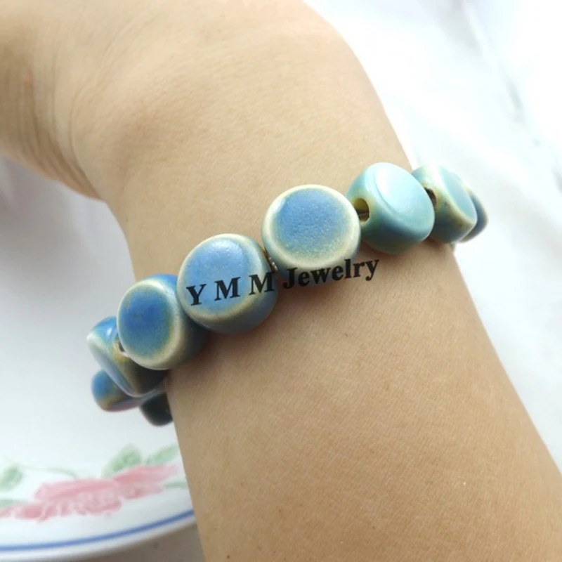 Retro Sky Blue Button Shape Beaded Bracelet China Ceramic Bracelet 12pcs/lot Wholesale