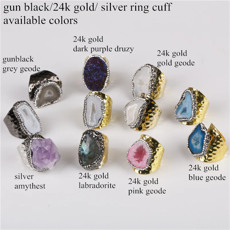 big natural dark grey gray labradorite crystal stone pave rhinestone bead charm open gold hammered ring cuff for woman man image 3