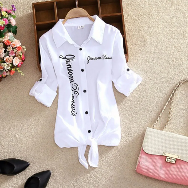 Women Shirts White Blouses Kimono Summer Top Women Letter Printed Shirts Sleeve Turn Down Collar Casual Print Cardigan DD2433