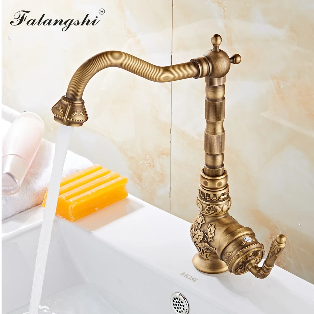 Classic Kitchen Faucets Sink Mixer Antique Carving Solid Brass Cold And Hot Water Taps 360 Degree Rotation Basin Mixer WB1222