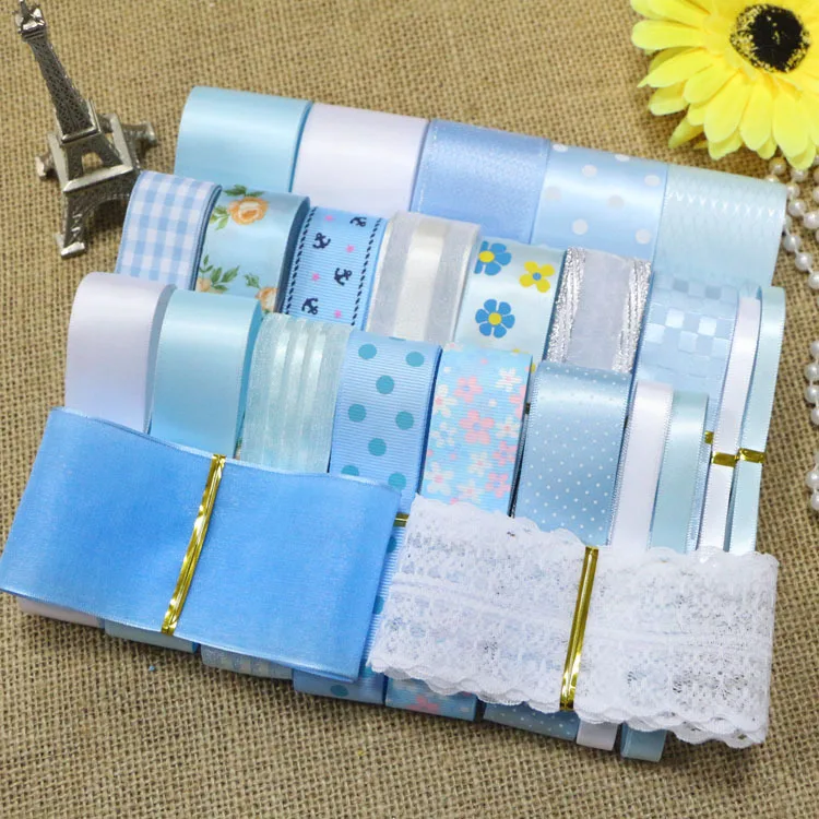 24 Yards/Set----DIY Hair Bow Material Light Blue Color Mix Set Ribbon Set