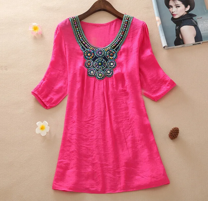 7 colors new fashion beads embroidery  increase large size women long bamboo cotton shirt LET-SETTING