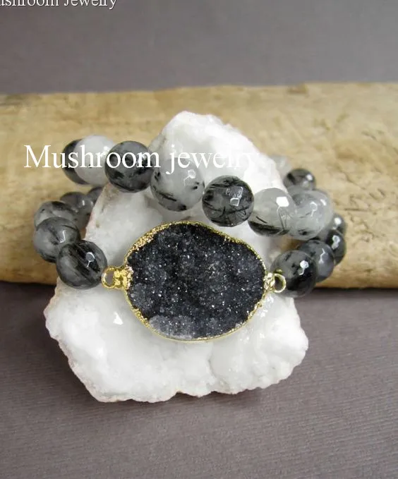 Boho Chic Agates Beads Druzy Drussy Connector Strech Bracelet,Druzy Stack Bracelet of 2 pcs