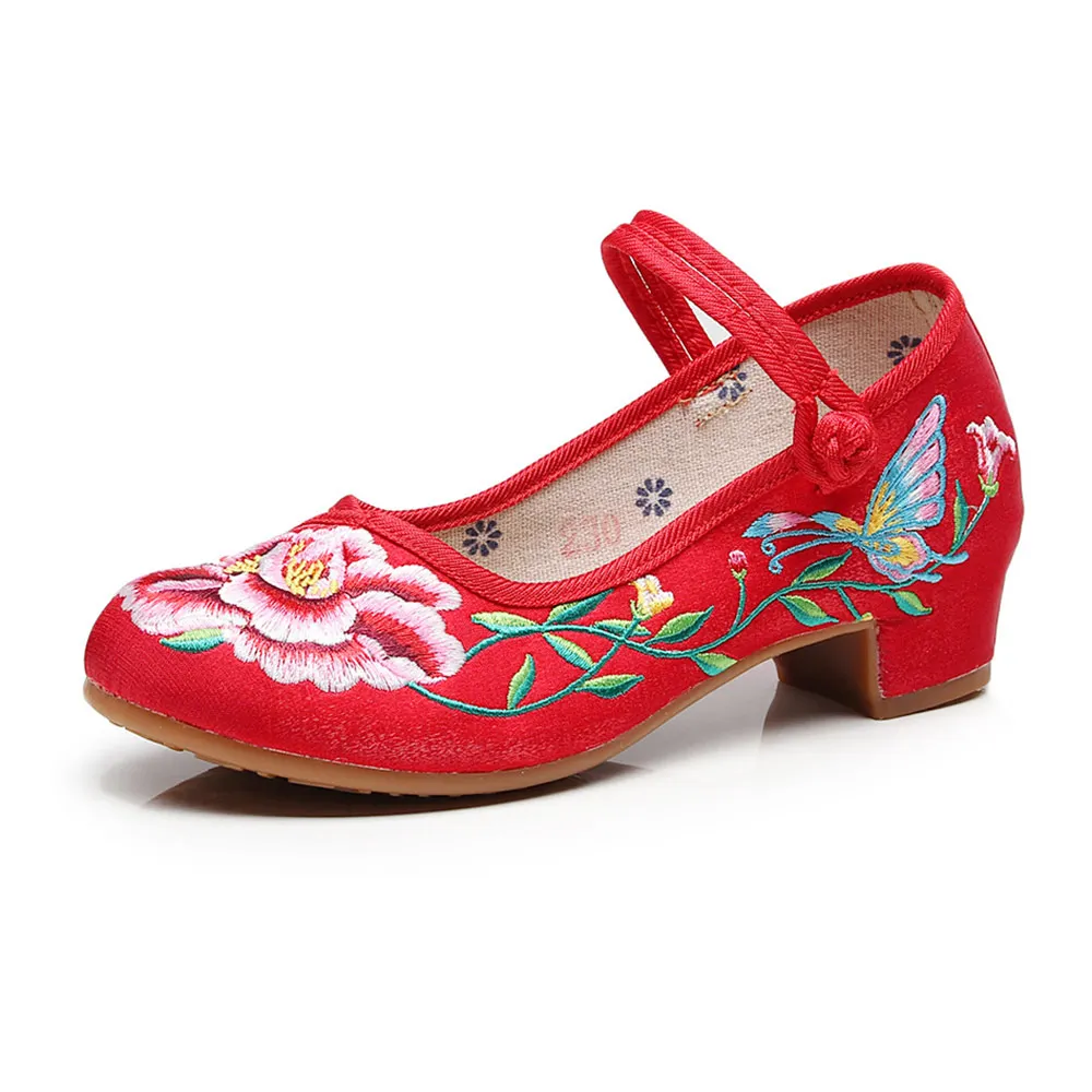 Veowalk Smooth Cotton Fabric Women Block Heels Pumps Vintage Ladies Chinese Wedding Embroidered Shoes Comfort Studded Shoes