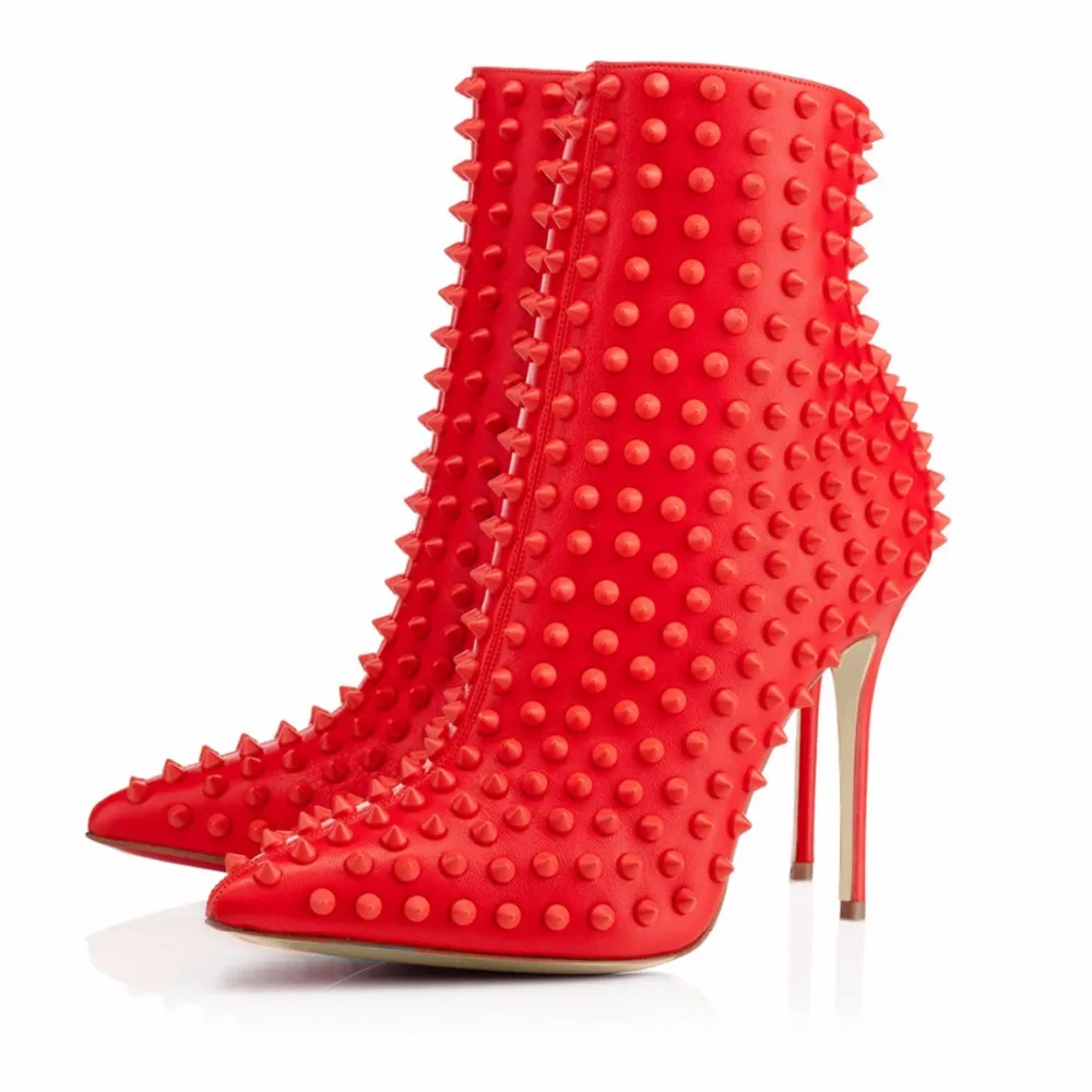 Red High Heel Ankle Boots with Studs Women Pointed Toe Heeled Black Booties with Spikes Ladies Studded Autumn Winter Heels Shoes