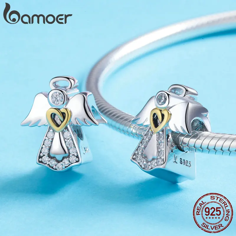 BAMOER Trendy New 925 Sterling Silver Guardian Angel Charm Beads fit Bracelets & Necklaces Clear CZ DIY Jewelry Making SCC747