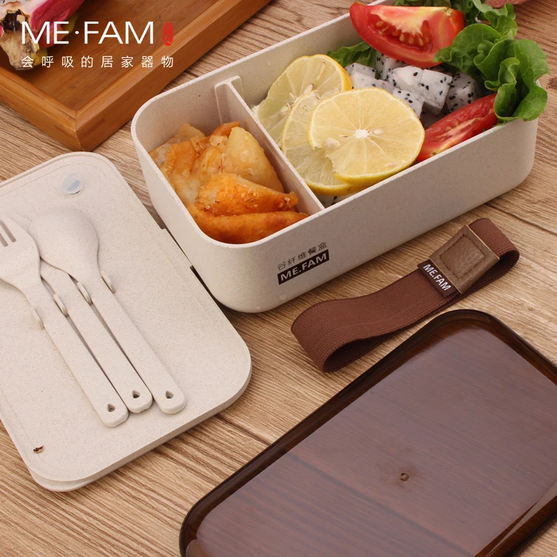 ME.FAM New Health Natural Eco-Friendly Chaff Rice Husk fiber Lunch Box With Fork Knife Spoon Handbag For Kids Microwave Bento