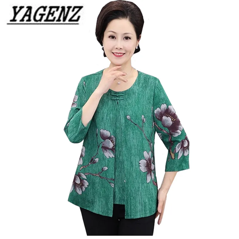 2023 Middle-aged Mother Short sleeve Spring Summer Shirts 5XL 6XL Loose O Neck Fashion Elegant Print Blouses Female Casual Tops