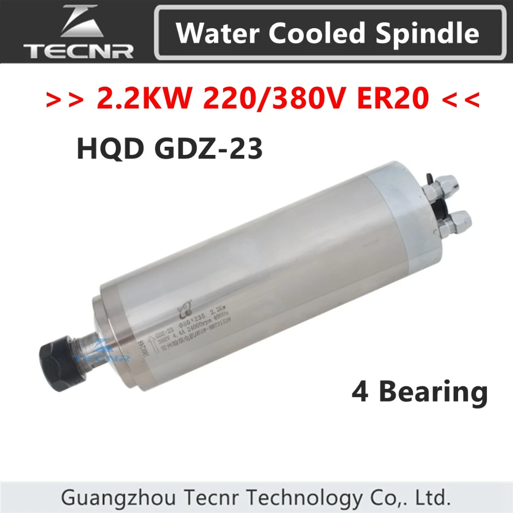 Motor de Eixo Refrigerado a Água Hqd 2.2kw 220v 380v Unidades de Rolamento Er20 Diâmetro 80 mm Embutido