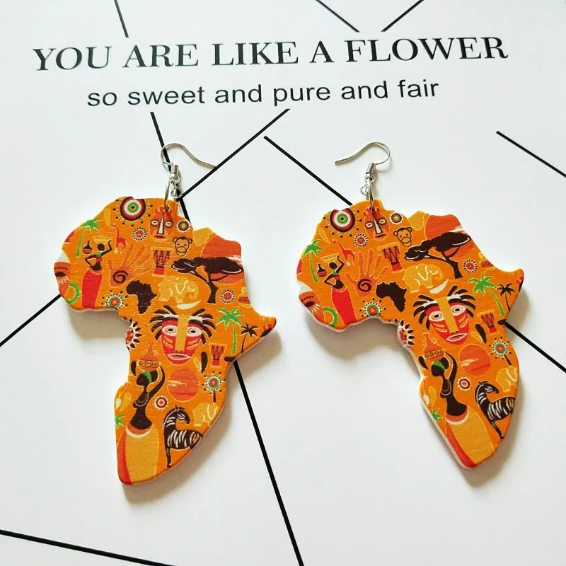 Orange Wood Africa Map Afro Symbols Drums Zebra Vintage Tribal Earrings Women Wooden African Statement Bohemia Ear Club Jewelry