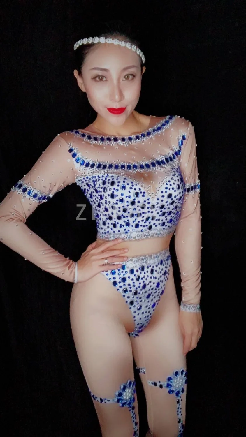 Thời trang sexy Lấp Lánh Màu Xanh Thạch Stretch Jumpsuit Phụ Nữ Bữa Tiệc Sinh Nhật của Nhảy Bodysuit Mừng Ca Sĩ Hiển Thị Quần Áo