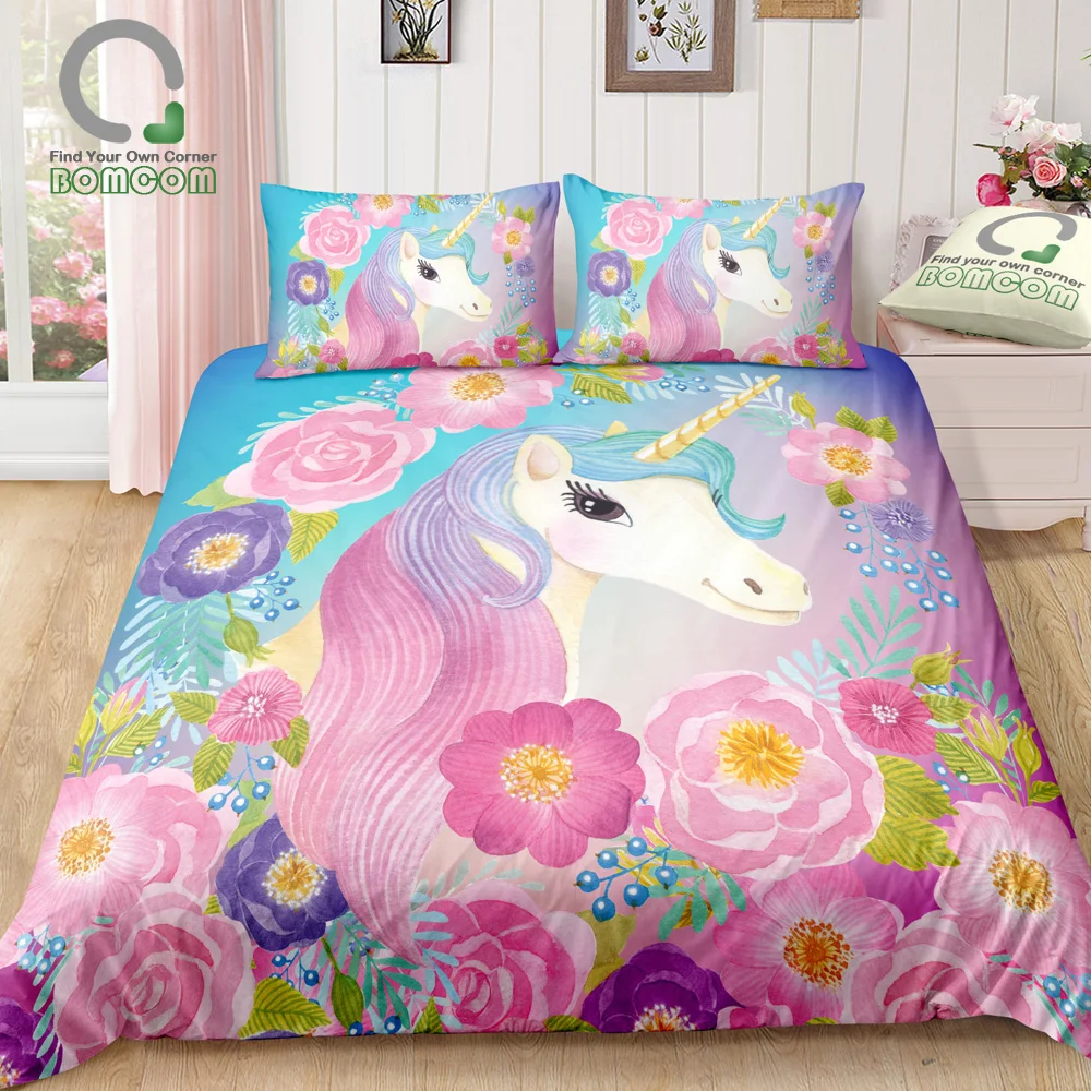 BOMCOM 3D Digital Printing Duvet cover set Watercolor Unicorn Floral Garland Unicorn Rainbow Bedding Set 100% Microfiber Pink