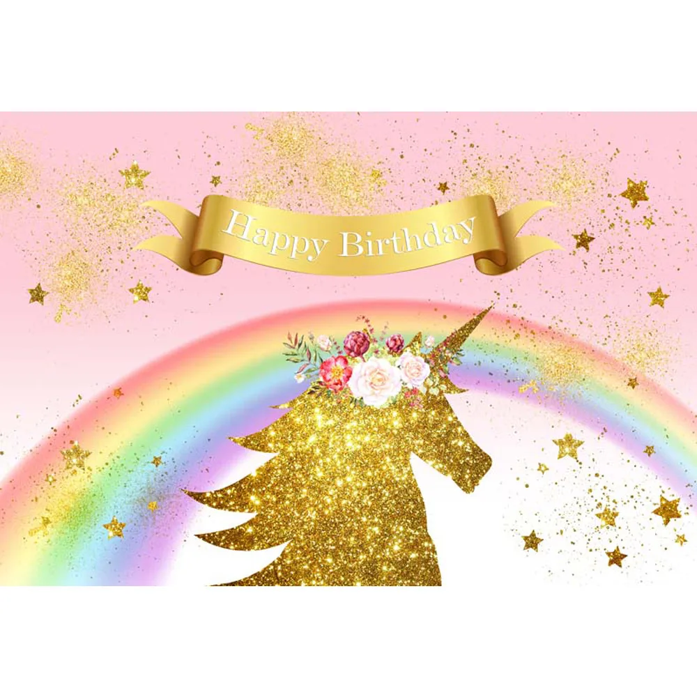 

Happy Birthday Gold Unicorn Photography Backdrop Printed Stars Rainbow Baby Girl Kids Watercolor Party Photo Booth Background