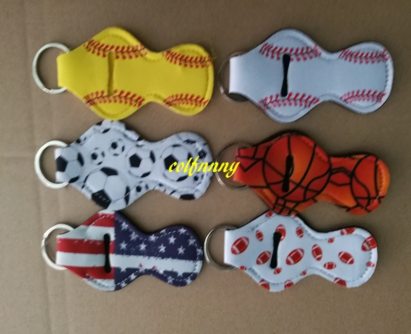 100pcs/lot Softball basket ball football Baseball Printed Neoprene Chapstick Keychain Holder case storage bag Party Holiday Gift