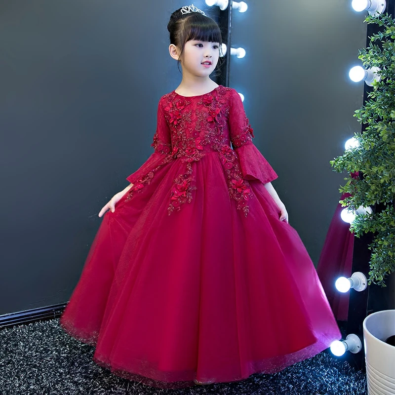 2017 Autumn Flower Girls Dresses For Wedding Red Lace Girl Formal Birthday Party Dress Princess Gown Kids Long Vestido