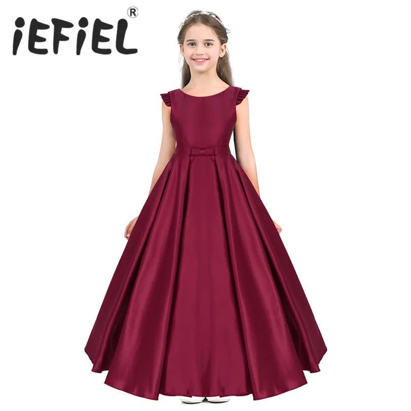 

New Arrival Girls Satin Ruffled Fly Sleeves Bowknot Flower Girl Dress Princess Pageant Wedding Bridesmaid Birthday Party Dress