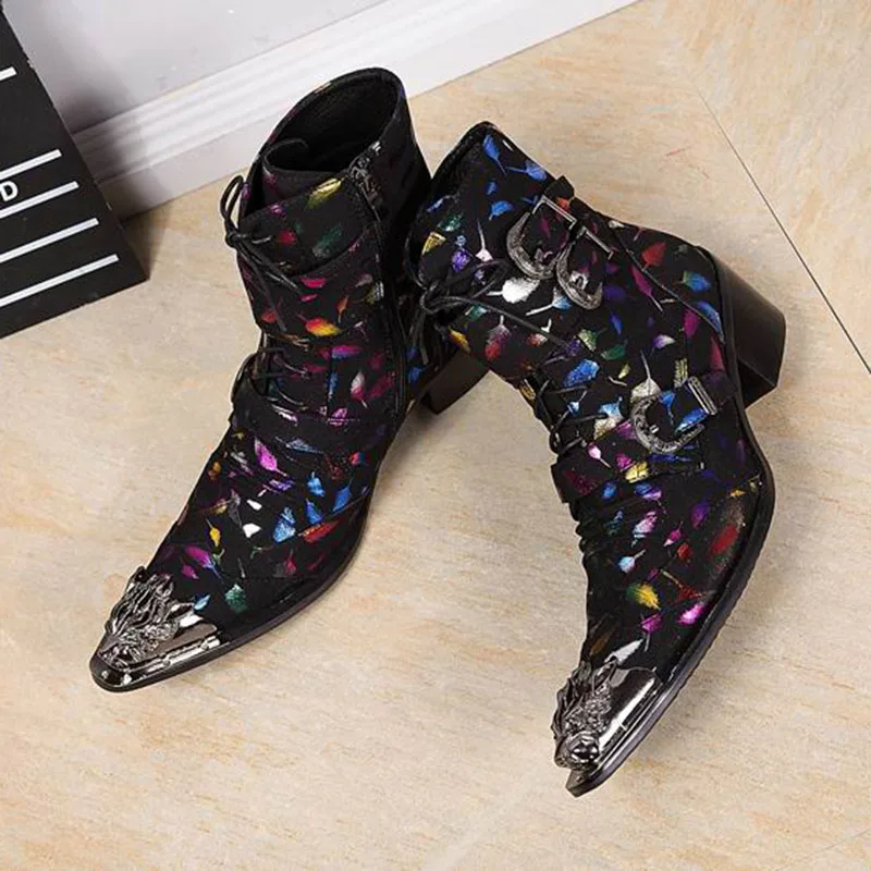 Batzuzhi Brand New Limited Edition Men Ankle Boots Pointed Iron Toe Colorful Leather Boots Men for Party/Stage Boots Rock