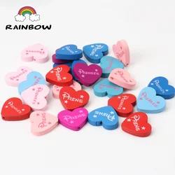 Mixed Color Wooden Letter Pattern Lovely Heart Shape Spacer Beads  For Kids Handmade Jewelry Making DIY 23x21mm 50pcs