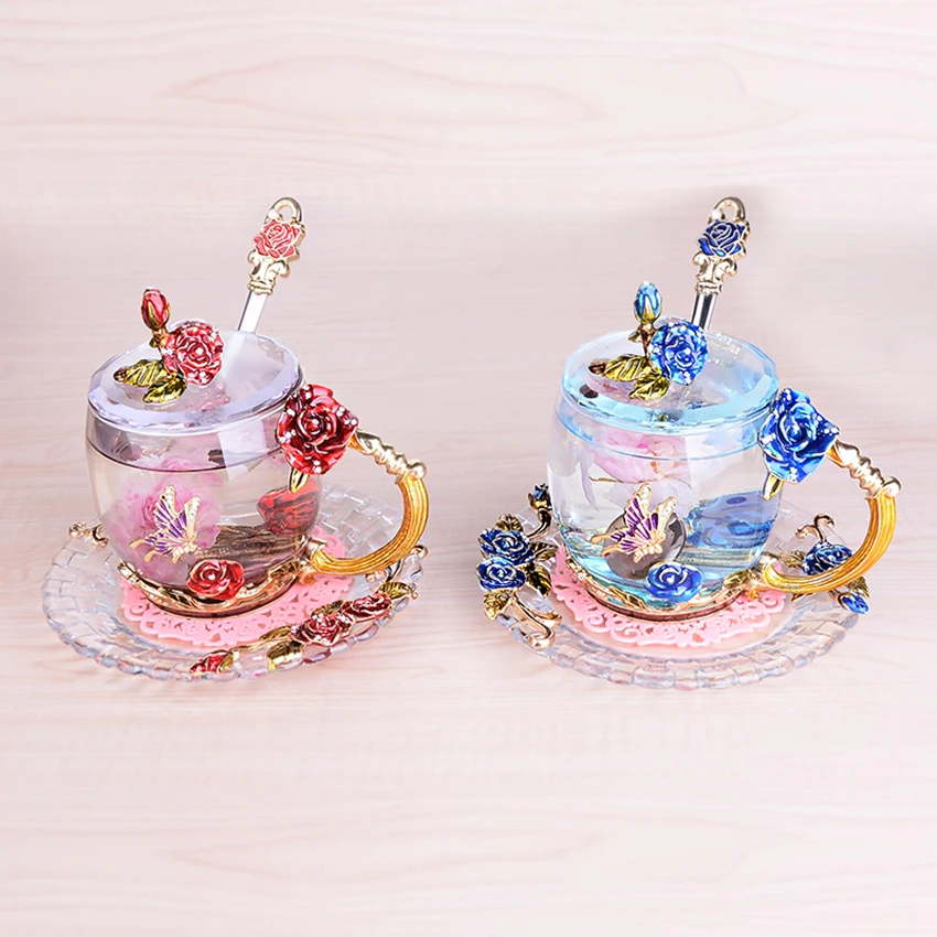 Creative Retro colorful glass cup  rose enamel applique crystal cup tea Cup Wedding cup  Wedding gift  Family drinkware 1set