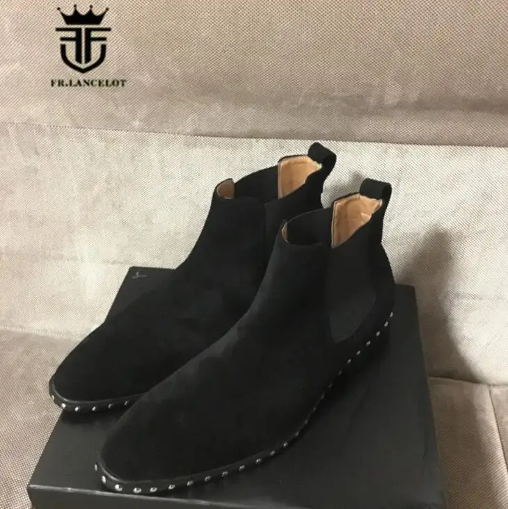 FR.LANCELOT 2020 pointed toe men leather boots brand desigh men fashion boots slip on mujer bota spike stud chelsea booties