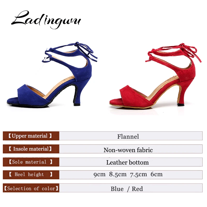 Ladingwu Flannel Dance Shoes Red Blue Latin Dance Shoes Salsa Ballroom Performance Dance Shoes high Heel6cm/7.5cm/8.5cm/9cm