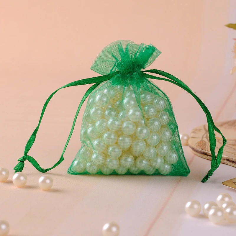 Bolsa organizadora de joyas de Organza, 5x7cm, 100 piezas, bolsa de embalaje de joyería de Organza verde, bolsas de regalo con logotipo personalizado