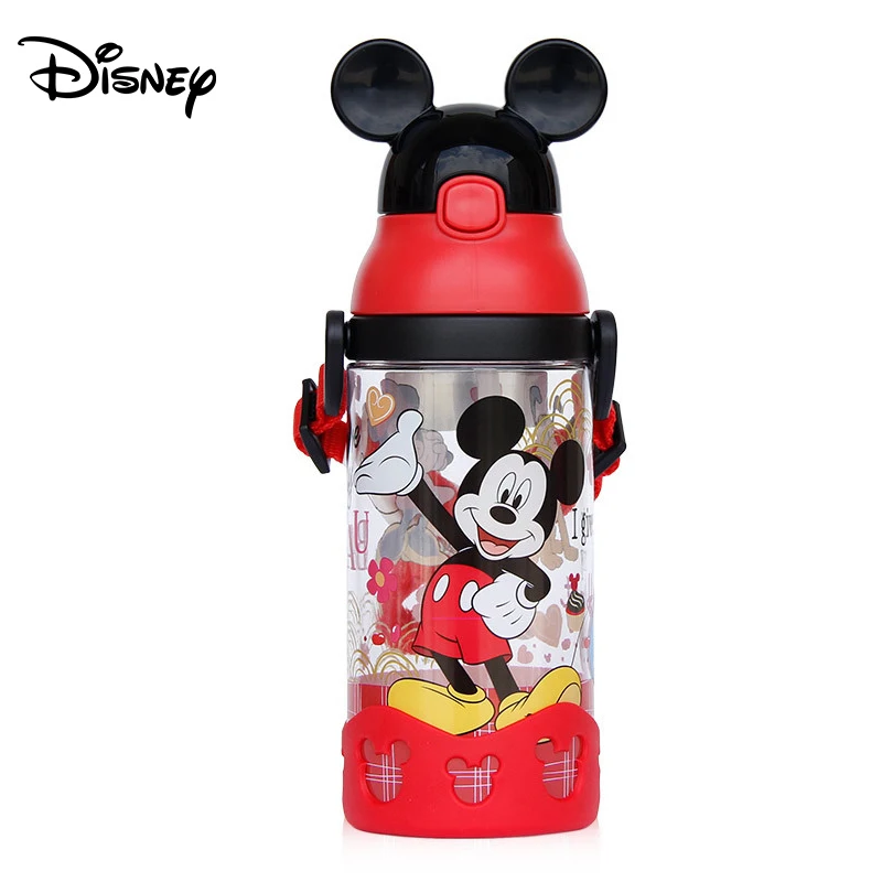 Disney children press the cup handle baby with straw leak-proof plastic cup flip student resistance to falling kettle