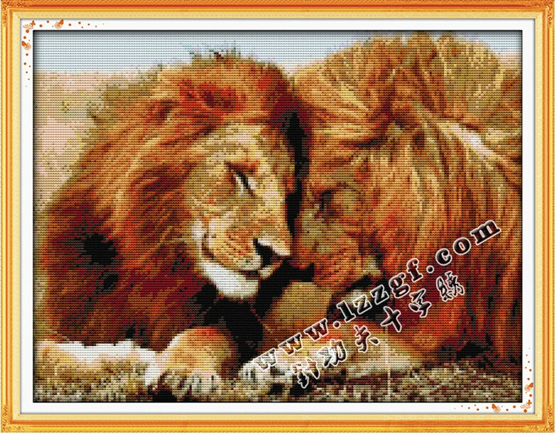 

57*44cm Needlework,DIY Set Full Embroidery kit,2 Love Lion Couple Animal Pattern Counted Cross-Stitch Oil Paint Wall Home Decor