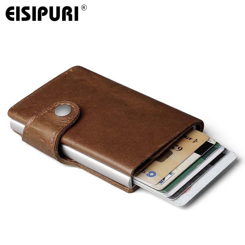 Men Prevents RFID information leakage 100% Genuine leather mini wallet safe Multifunction Aluminum Automatic Pop Up Card