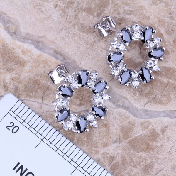 Terrific Black Cubic Zirconia White CZ Silver Plated Jewelry Sets Earrings Pendant Ring Size 6 / 7 / 8 / 9 / 10 / 11 / 12 S0145