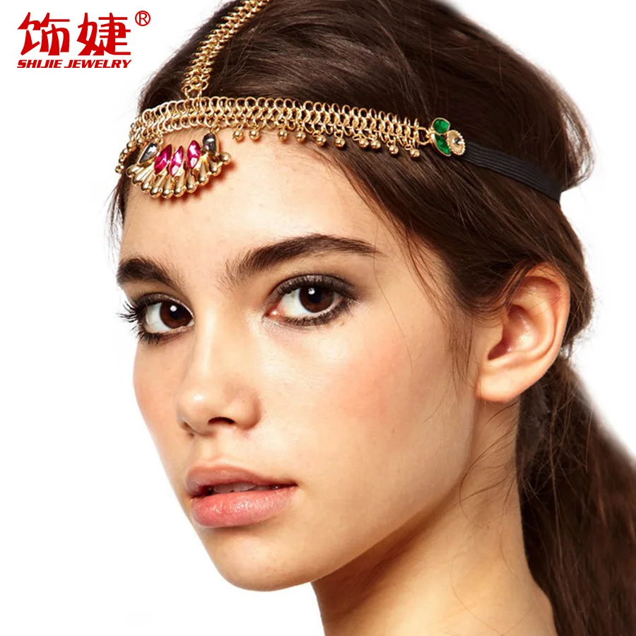 

European and American fashion personality flash drill elastic headband hair band headband exotic gem flower forehead ornament