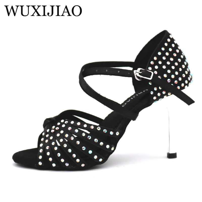 WUXIJIAO-Chaussures de danse latine avec biscuits pour filles, sandales supérieures en satin, talon doré, salle de Rh, femmes, 85mm